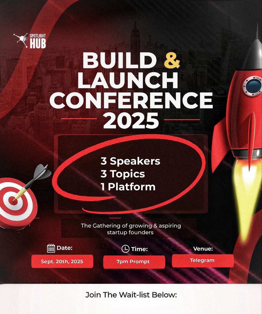 TheSpotlighthub's tweet image. Stuck on your big idea or gave up too soon? You're not alone.
Join Build &amp;amp; Launch Conference 2025 and learn how to build smarter and launch stronger
📆Sept 20 |🕓7PM WAT |📌 Telegram | Free reg. bit.ly/BUILDANDLAUNCH… #buildandlaunch #founders #startup