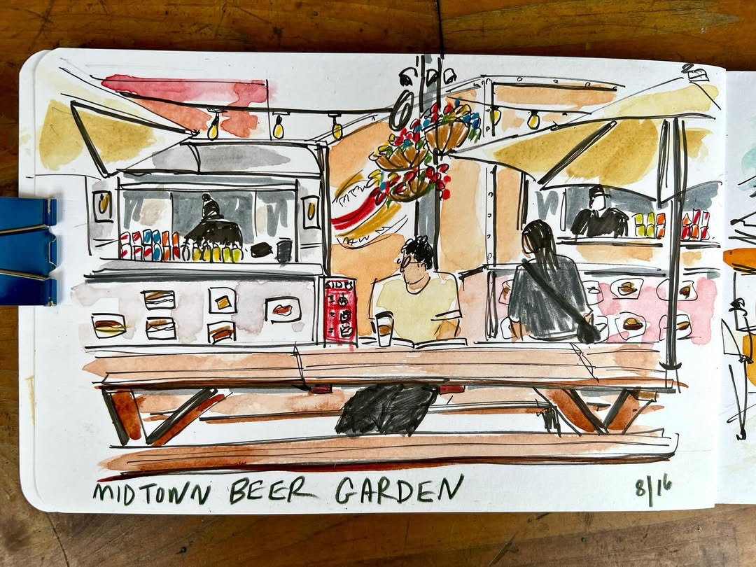 From Portland with @amystewart 🎨🍻 Sketching the lively @midtownbeergardenpdx with Urban Sketchers. 
What’s your favorite spot to sketch when you’re out in the city?