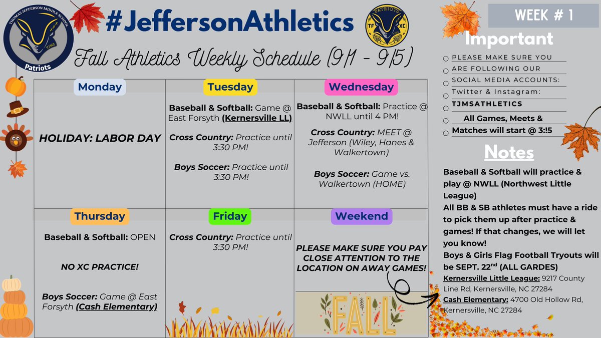 Looking ahead - NO SCHOOL ON MONDAY, 9/1 for the Labor Day Holiday.

Check out our sports schedule for 9/2-9/5.  
#TJMSPatriots #TJMSPatriotPride #TJMSAthletics