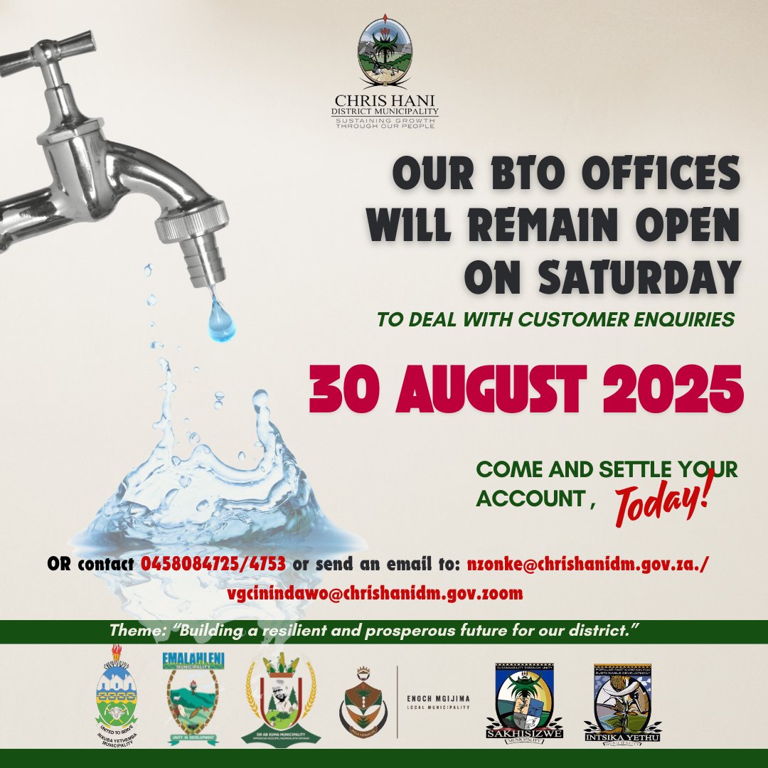 📌Our offices will be open on Saturday, August 30, 2025, to serve our customers. Come and pay your account.

#PayYourAccount 
#CHDM 
#ServingOurCommunitiesBetter