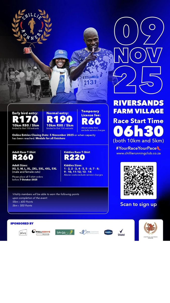 ChillieRunners's tweet image. The wait is over! 📣📣

Ready. Set. Chillie Race! 10km or 5km - For PB or just vibes, it’s YOUR race! 🌶️🌶️

Riversands Farm Village | 9 Nov 2025 | 06h30. Medals + Discovery Vitality points. 

ENTRIES ARE OFFICIALLY OPEN 🔥🔥
secure.onreg.com/onreg2/front/s… 

#YourRaceYourPace🌶️