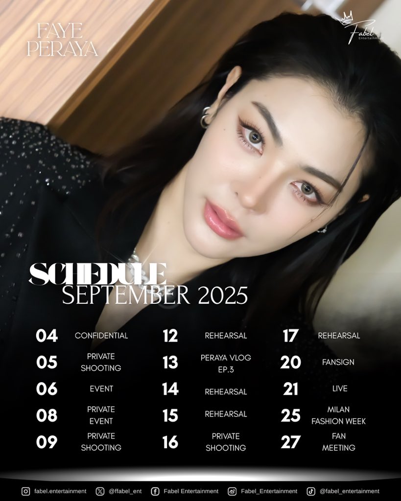 🗓️ Artist Schedule - September 2025 🗓️

⚠️ The schedule may be subject to change as appropriate.

#FayePeraya
#ฝ้ายพีรญา
#FabelEntertainment
