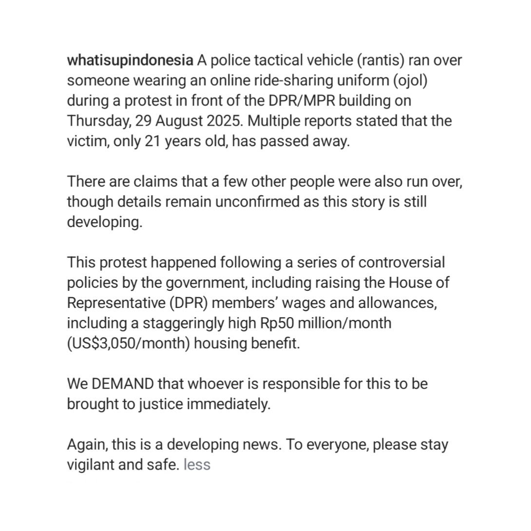 vvthvii's tweet image. INDONESIA NEEDS HELP‼️

印度呢西亚最近的情况，我们的人民正在为正义而战，但我们却被压制、被绑架、被压迫，甚至被践踏致死, 没有官员站在人民一边

Please use this hastag because the president is attending this even in China now.

#SCOSummit2025 
#PolisiPembunuhRakyat