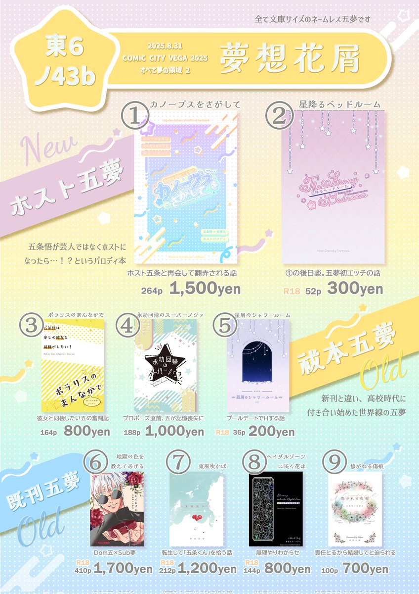 ctlermmRn's tweet photo. 💫8/31 すべて夢の領域2 💫

東6ホール　ノ43b【夢想花屑】お品書き

📕新刊①「カノープスをさがして」
ホスト五夢本
📕新刊②「星降るベッドルーム」🔞
新刊①の後日談、初H話
📕既刊7種

お品書き支部:https://t.co/quJAWuiqEG

新刊は過去に出した祓五夢のif話です！ifなので単体でも読めます！ https://t.co/lJaCqpkmhu