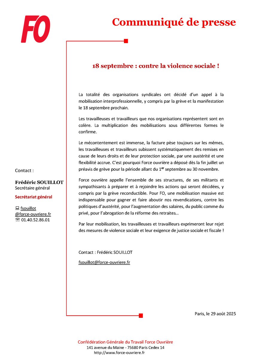 force_ouvriere's tweet photo. [#Communiqué FO]

18 septembre : contre la violence sociale !

Force ouvrière a déposé dès la fin juillet un préavis de grève pour la période allant du 1er sept au 30 nov. FO appelle tous les salariés à rejoindre les act° qui seront décidées, y compris par la grève reconductible. https://t.co/2xXvtYLpuv