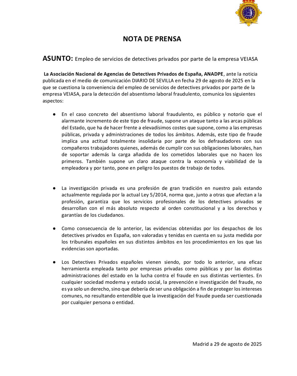 Ante las noticias interesadas sobre la contratación de servicios de investigación privada se emite la siguiente nota de prebsa