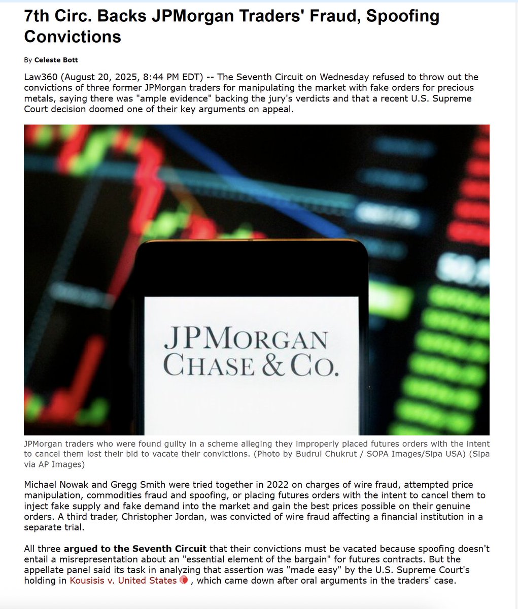 Mark R. Basile,Esq. (@basileesq) on Twitter photo $GNS $QNTM - the 7th Circuit Court of Appeals upheld a conviction against against 3 former JP Morgan traders for "SPOOFING" indicating that it was a scheme to drive the market price of certain securities. <a href="/JWesChristian/">Wes Christian</a> <a href="/rogerhamilton/">Roger James Hamilton</a> The way this opinion reads, it just doesn't $GNS $QNTM - the 7th Circuit Court of Appeals upheld a conviction against against 3 former JP Morgan traders for "SPOOFING" indicating that it was a scheme to drive the market price of certain securities. <a href="/JWesChristian/">Wes Christian</a> <a href="/rogerhamilton/">Roger James Hamilton</a> The way this opinion reads, it just doesn't