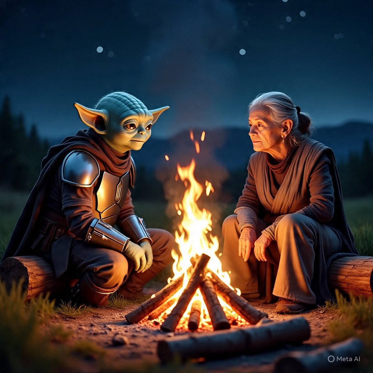 I know AI art is bad. I tried to get a picture of an older Grogu in Mandalorian armor sitting on a log in across from an elderly Rey Skywalker and this is what I got. I still like my idea of them having competing Jedi Academies.