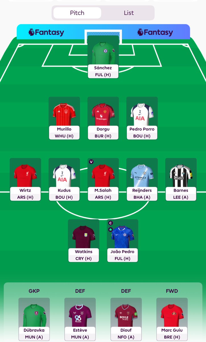 GW3 🔒

OR: 2.9M
ITB: 4.5M 💰

0FT left :
Palmer ➡️ Barnes

Joao Pedro 🧢

Show me your GW3 squad and may the green arrow be with you all!

#FPL #FPLCommunity