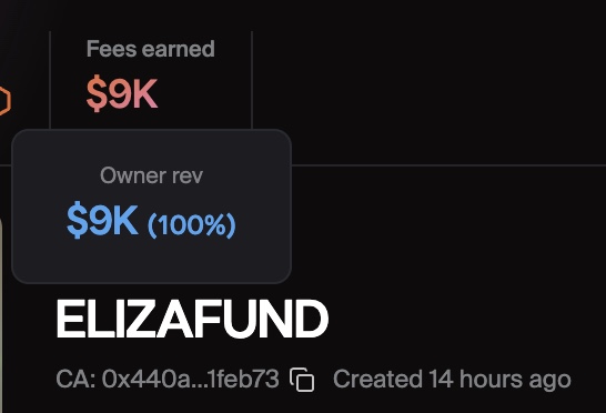 显示 ELIZAFUND 获得 9K 美元手续费且 100% 所有者收入的截图
