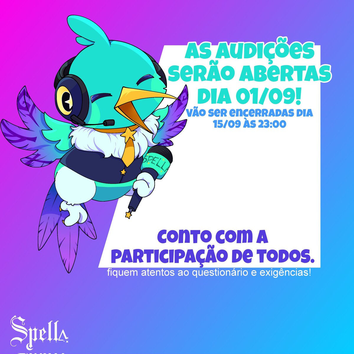 ✨BOM DIAAAAA!🌟

Dia 01/09/2025 estaremos iniciando nossas audições!

Serão 3 etapas:
💫1- resposta do formulário;
⭐- vídeo de apresentação;
🌟3- entrevista.

O prazo final para preenchimento do formulário e envio do vídeo de apresentação será dia 15/09/2025!
++