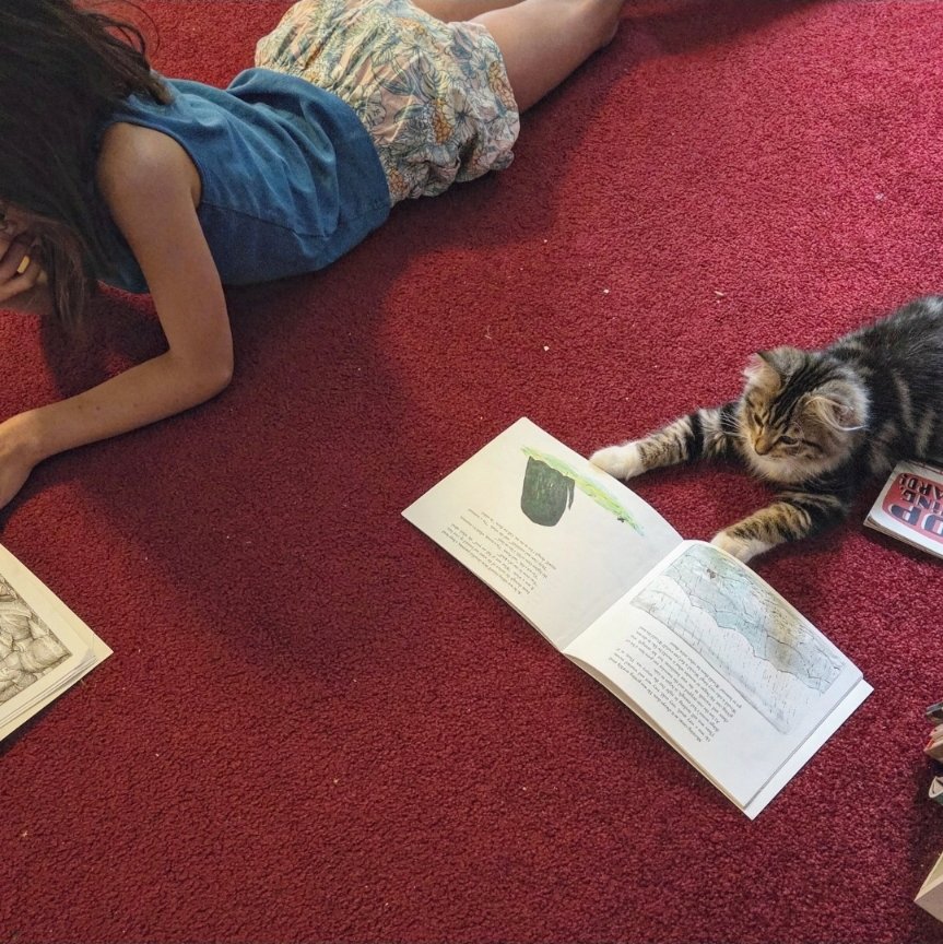 He bothers us when we read so we gave him his own book.