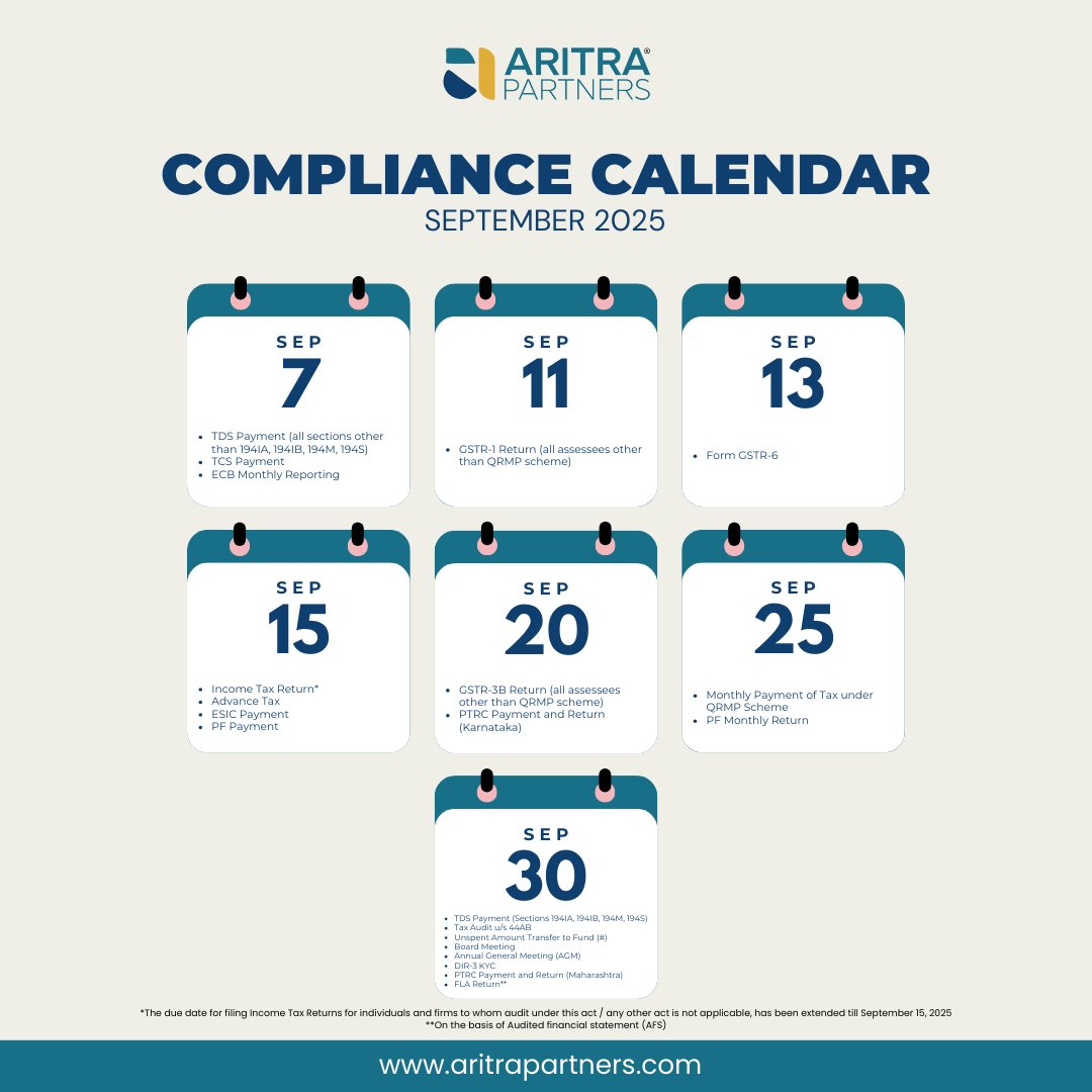 AritraPartners's tweet photo. 𝗦𝘁𝗮𝘆 𝗰𝗼𝗺𝗽𝗹𝗶𝗮𝗻𝘁 𝘁𝗵𝗶𝘀 𝗦𝗲𝗽𝘁𝗲𝗺𝗯𝗲𝗿 𝘄𝗶𝘁𝗵 𝗼𝘂𝗿 𝗖𝗼𝗺𝗽𝗹𝗶𝗮𝗻𝗰𝗲 𝗖𝗮𝗹𝗲𝗻𝗱𝗮𝗿!

Don’t miss important deadlines for TDS Payment, TCS Payment, GSTR-1 Return, Income Tax Return, Advance Tax, ESIC Payment, and PF Payment. https://t.co/VHzFYNlYEu