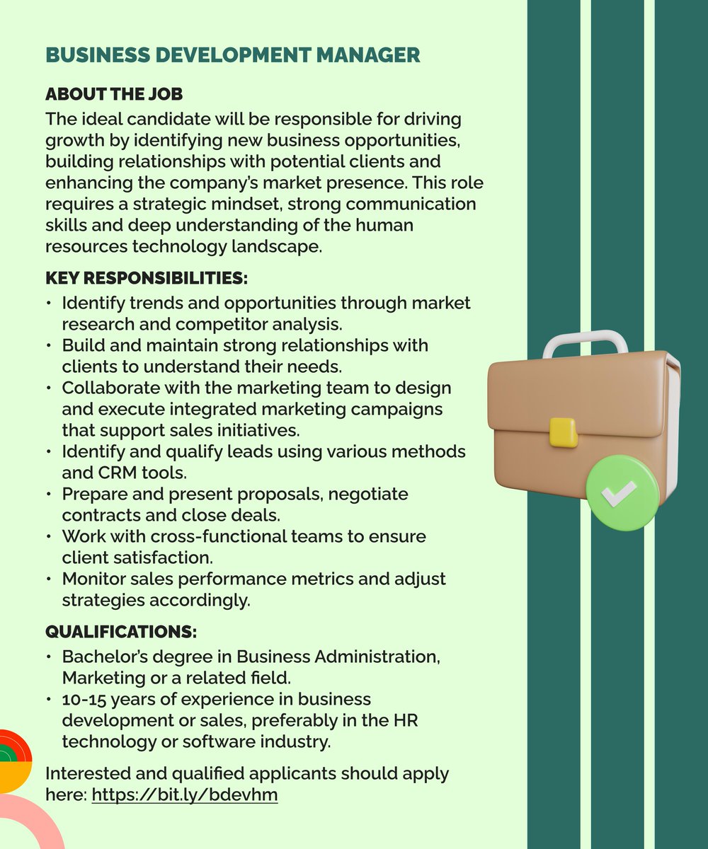 HumanManagerNig's tweet image. We’re Hiring: Business Development Manager at HumanManager.
Are you driven by growth, strategy, and results? We’re looking for a Business Development Manager who can turn opportunities into impact.

Apply now: bit.ly/bdevhm
#NowHiring  #businessdevelopment #humanmanager