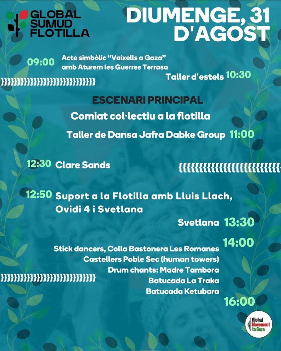 Vine a les jornades per Palestina abans de la partida de la Global Sumud Flotilla des de Barcelona! 

D'avui al 31 d'agost  – Moll de la Fusta

Espai de xerrades, tallers i expressions culturals per una #PalestinaLliure