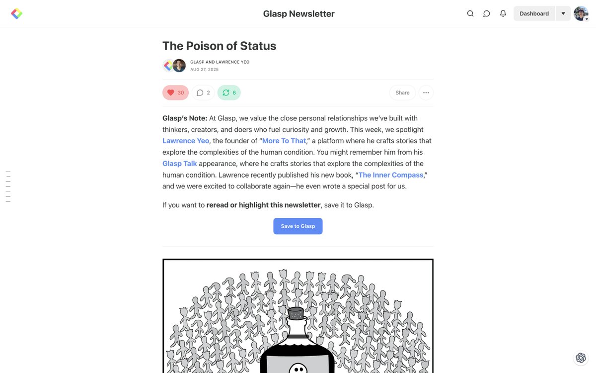 Status or compassion—which actually builds better teams?

In our latest Glasp Newsletter, Lawrence Yeo argues that chasing status warps behavior and outcomes, and offers a more human path forward.

👉 Guest post: “The Poison of Status”

#MoreToThat #Glasp <a href="/moretothat/">Lawrence Yeo</a> <a href="/_Glasp/">Glasp</a>