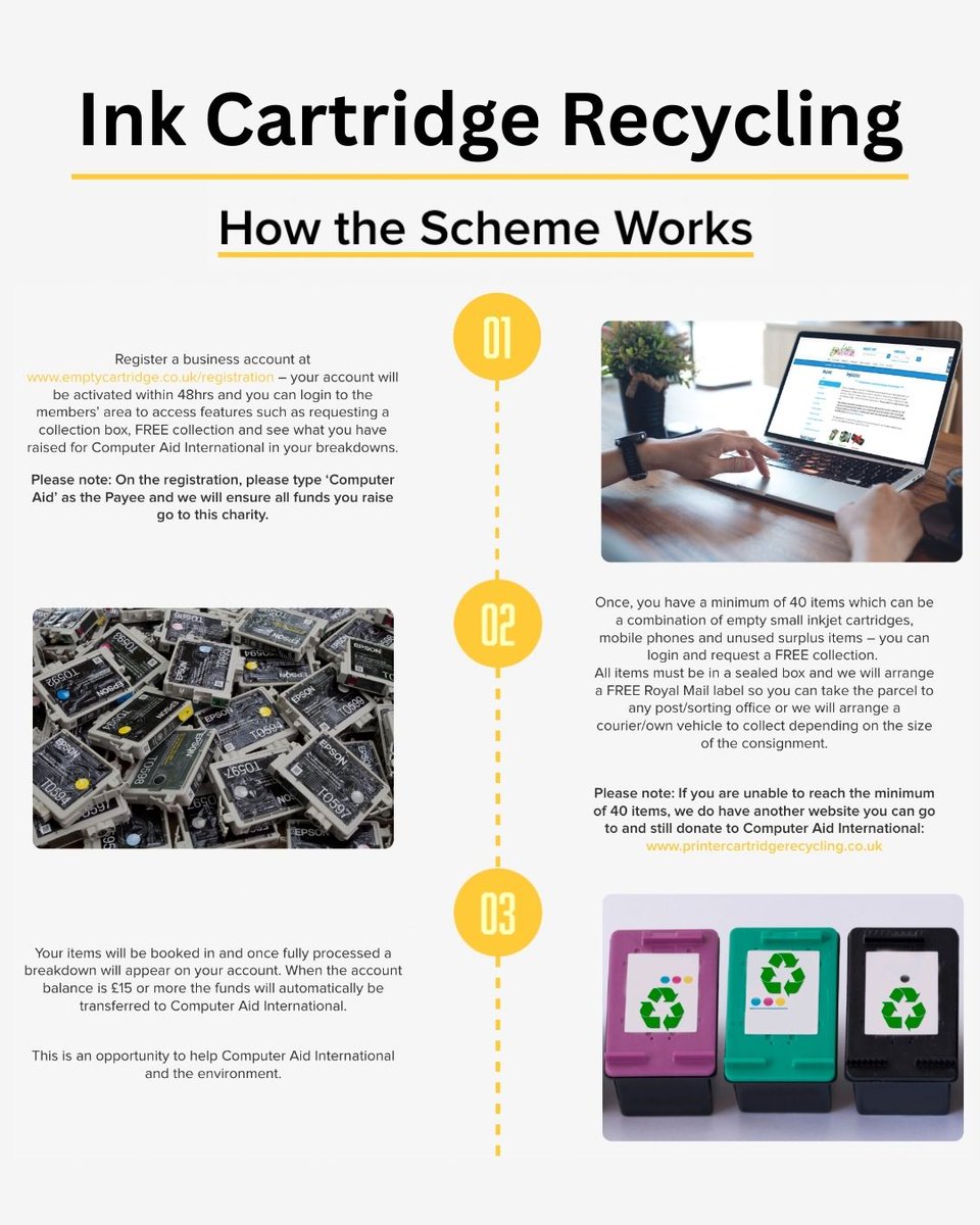 Computer_Aid's tweet image. Make a difference with unused tech! Partnering with Printer Cartridge Recycling Ltd, we’re tackling 30M+ UK cartridges dumped yearly. ✨

🌍 Join our scheme to cut e-waste &amp;amp; protect the planet.

Register: computeraid.org/it-disposal/in… 

#ComputerAid #GoGreen