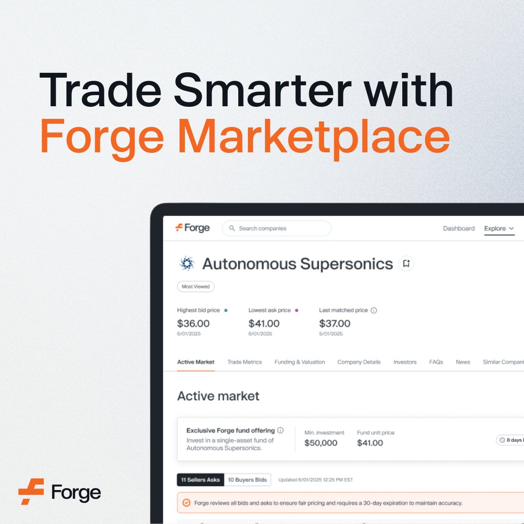 The Forge marketplace delivers real-time insights, live market signals, and greater control at every stage of a private market trade so you can move with confidence and clarity.

Learn more at forgeglobal.com/forge-marketpl…