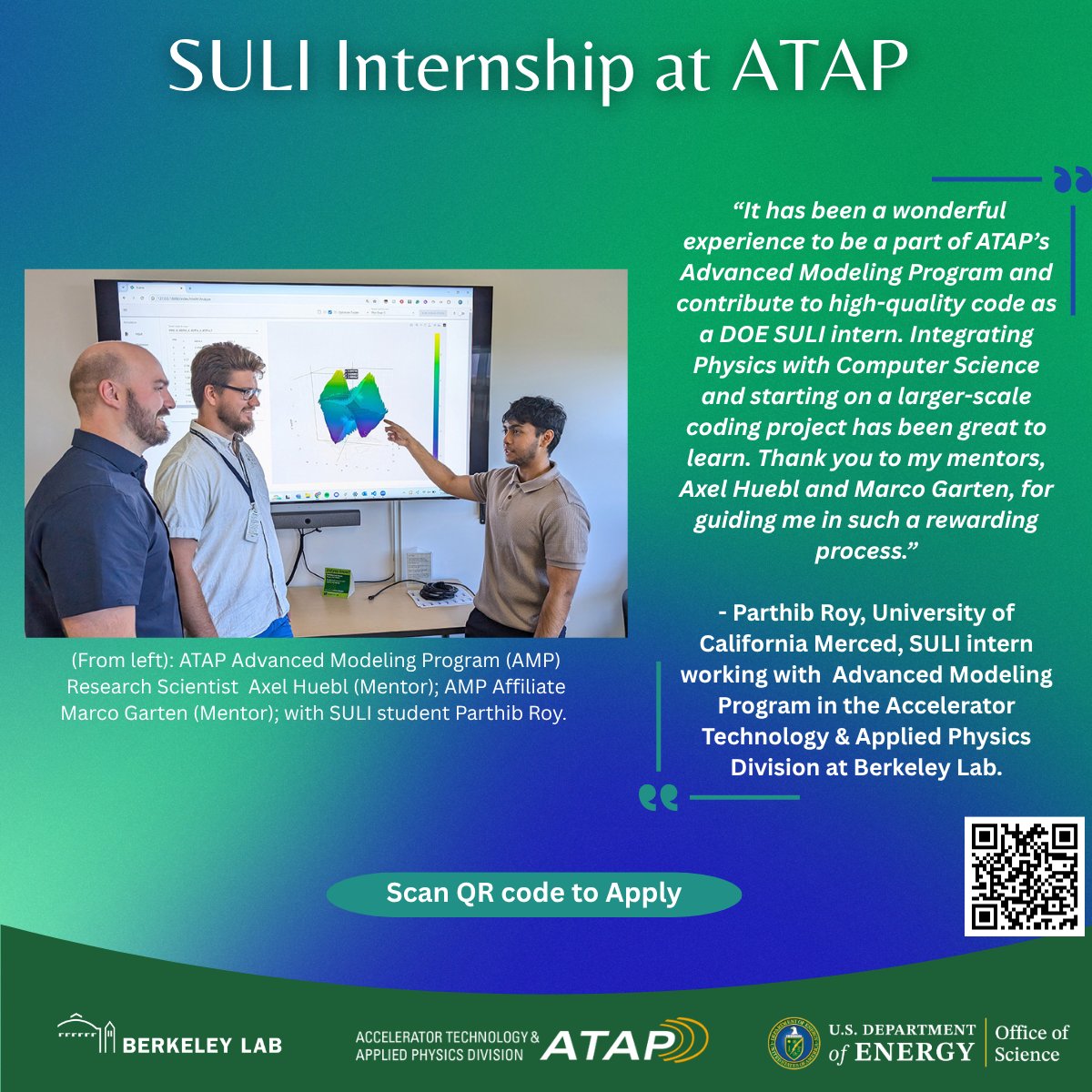 LBNLatap's tweet image. Read about the experiences of our @DOEscience SULI interns as they work with our internationally renowned scientists on cutting-edge #ParticleAccelerator research. Deadline to apply for the Spring 2026 cycle is October 1.
@BerkeleyLab @ENERGY @LaserNetUS
atap.lbl.gov/news/suli-inte…