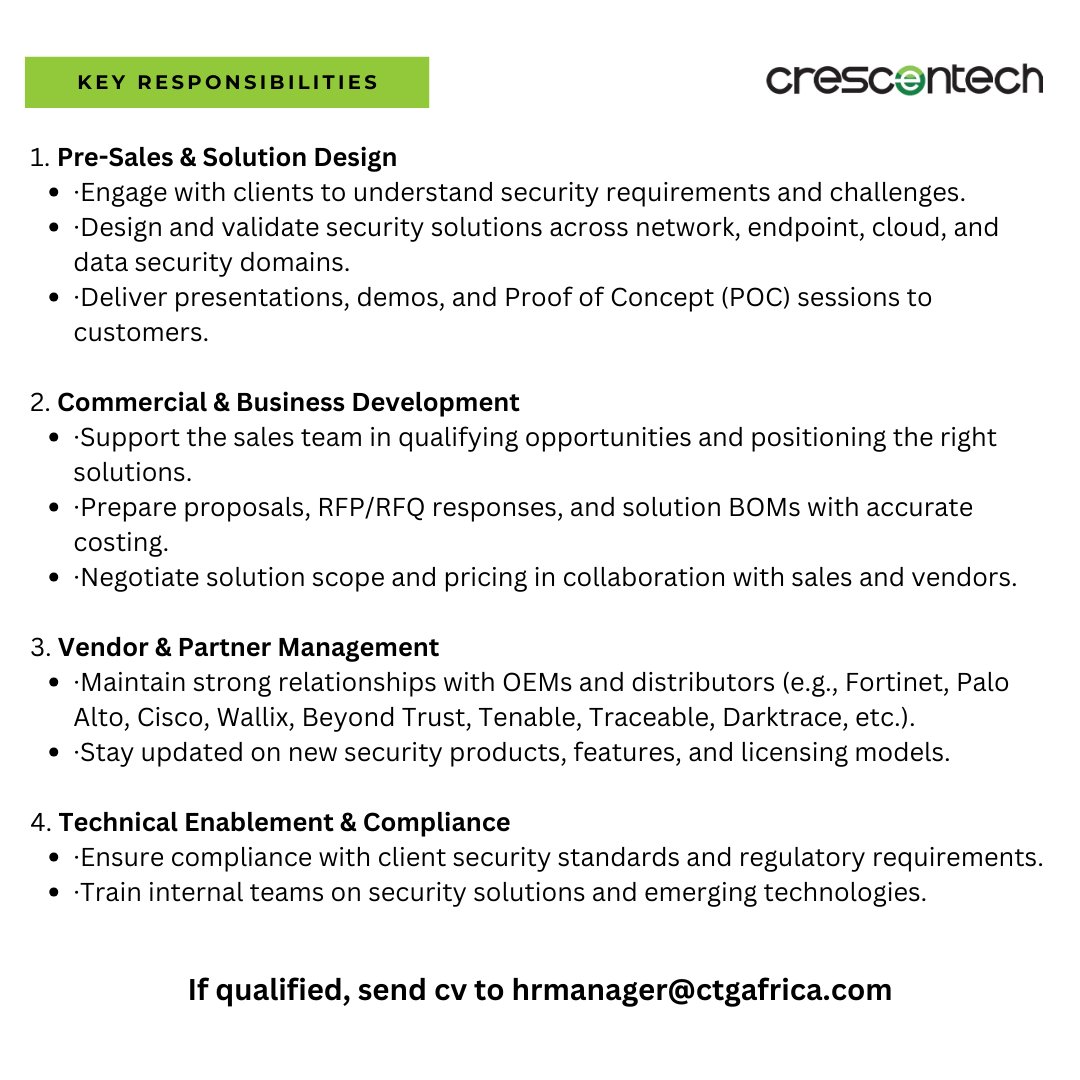 We’re hiring! Crescent Tech Group is looking for a Techno Commercial Security – Presales Manager to join our team in Kenya.

If you’re skilled in security solutions, presales leadership, and client engagement, we’d love to hear from you. 
#IkoKaziKe #cybersecurity #Hiring