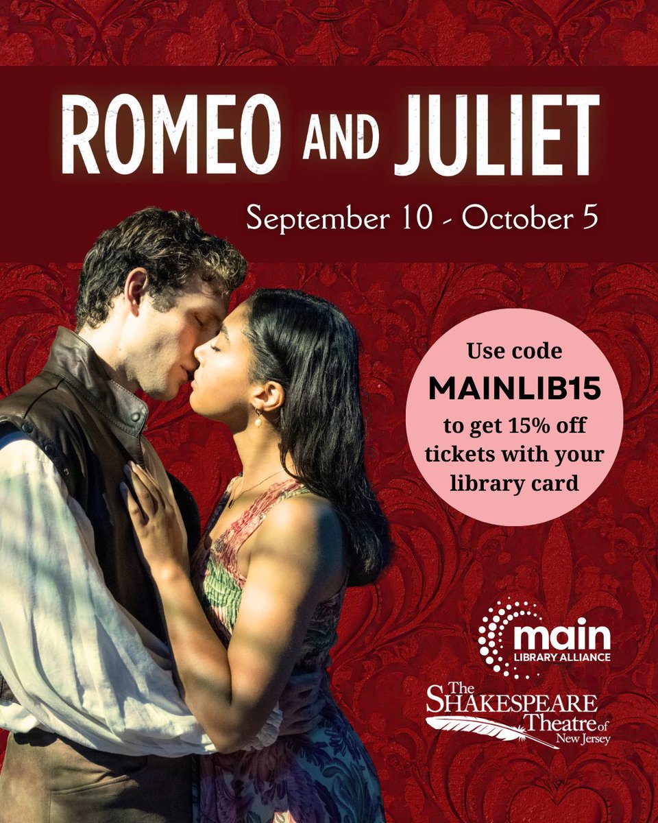 mainlibnj's tweet image. Two households, both alike in dignity ⚔️ Get 15% off tickets to see Romeo &amp;amp; Juliet at the Shakespeare Theatre of New Jersey when you use code MAINLIB15. Visit ShakespeareNJ.org or call the box office at (973) 408-5600.