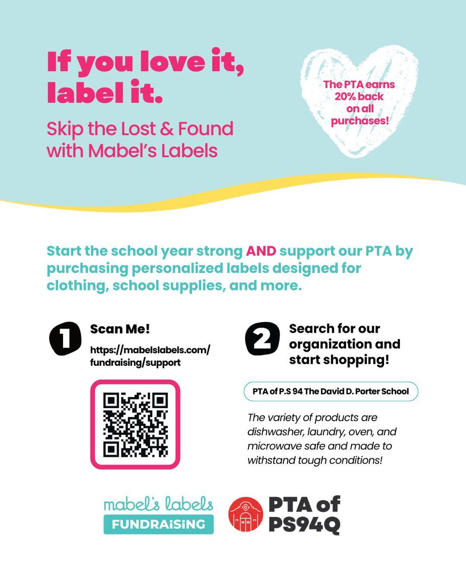 We're teaming up with Mabel’s Labels!
Every purchase helps keep kids’ things out of the lost &amp; found and earns our PTA a 20% commission. Start the year organized while supporting our school! 

<a href="/PS94DavidPorter/">PS94 David D Porter</a> <a href="/94QDavidDPorter/">Laura Avakians</a>