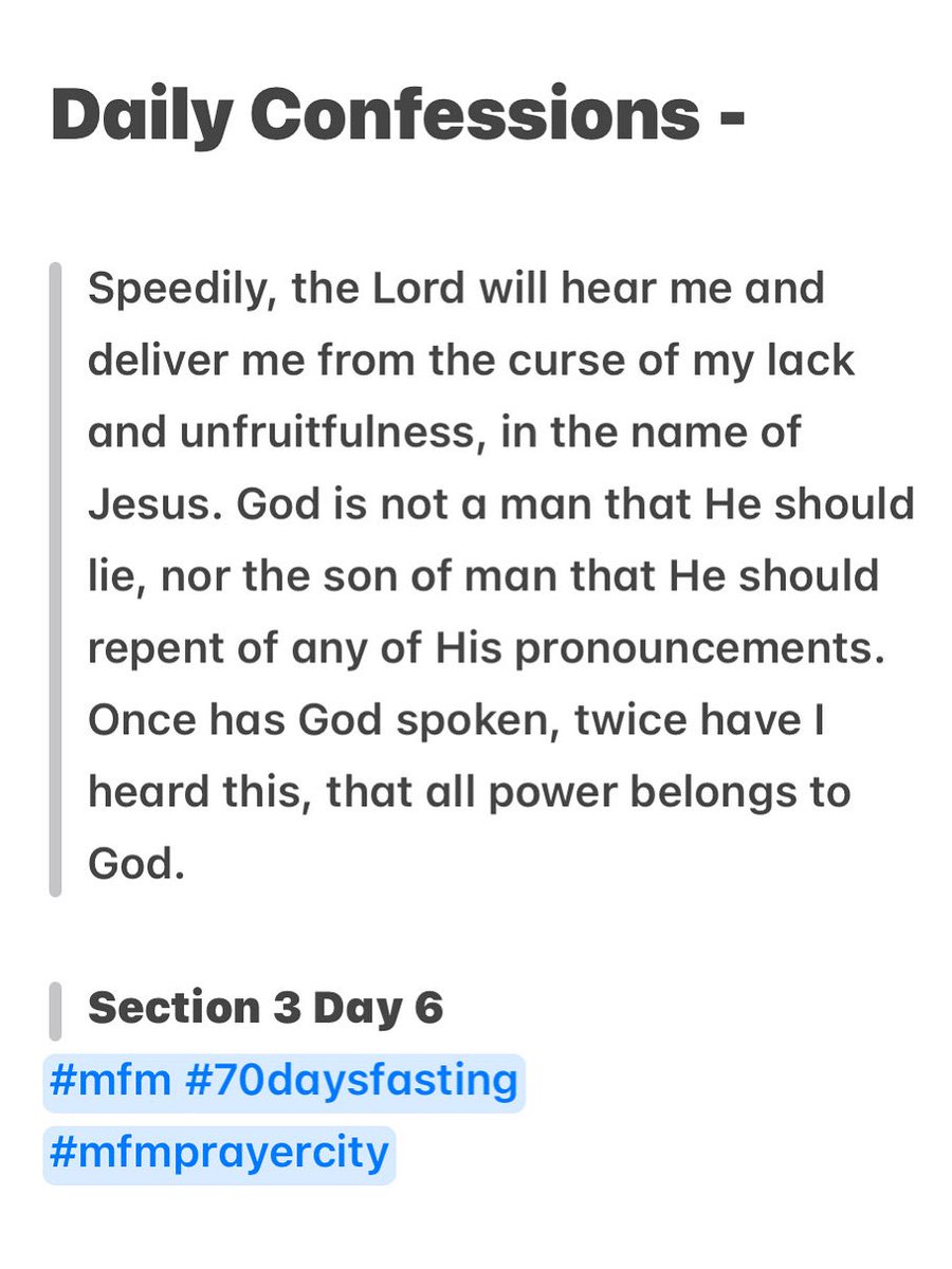 Section 3 Day 6: HOLY GHOST, RAISE ME FROM GRASS TO GRACE

Make this confessions with holy anger

Speedily, the Lord will hear me and deliver me from the curse of my lack and unfruitfulness, in the name of Jesus...

#MFMPrayerCity
#MFM #70daysfastingandprayer 
#70daysfasting