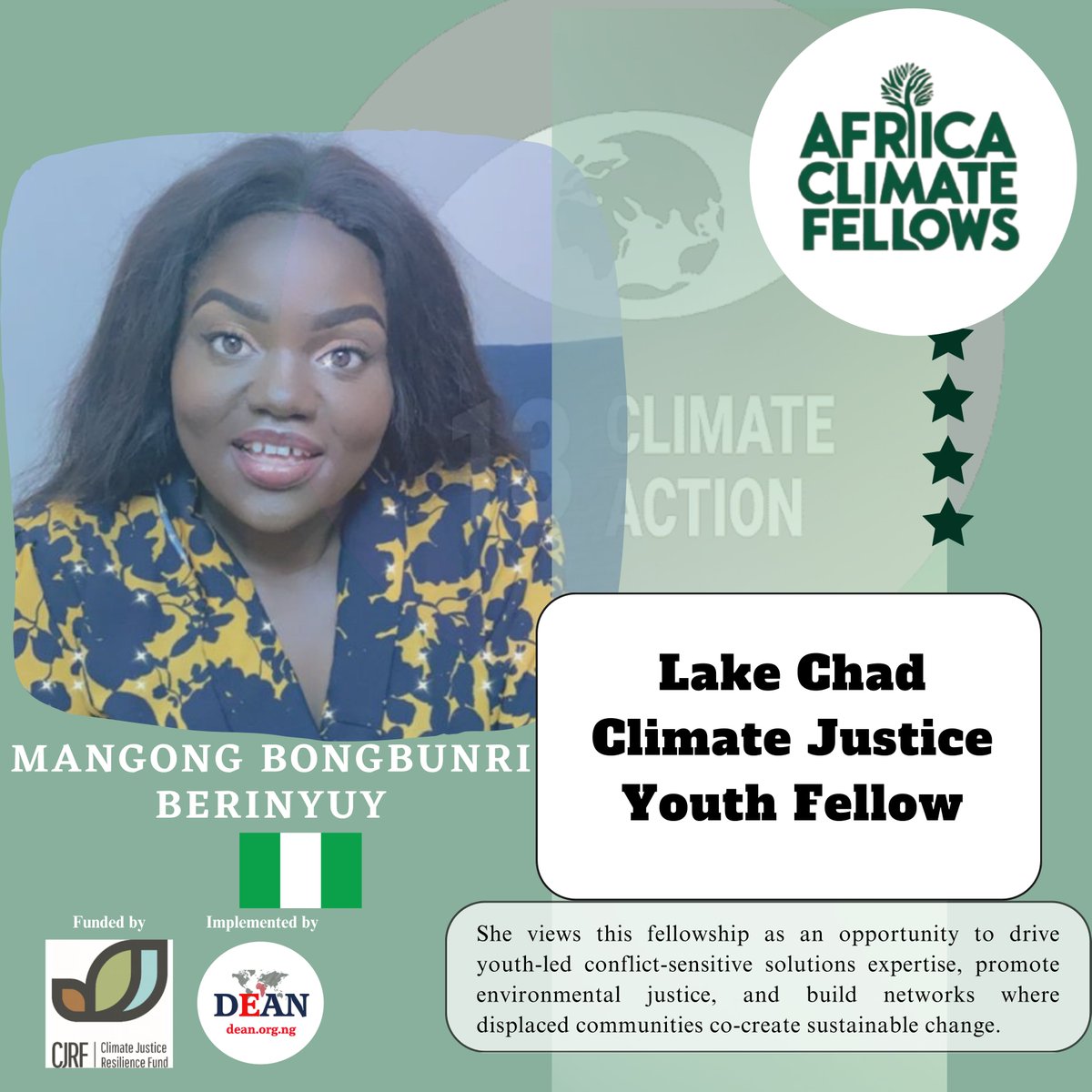 Mangong (34), a peacebuilder and climate justice advocate with roots in Nigeria and Cameroon. As Founder of the African Women Initiative for Empowerment and Peacebuilding, she promotes health, gender equity, and climate resilience in the Lake Chad Basin. #LakeChadClimateFellows