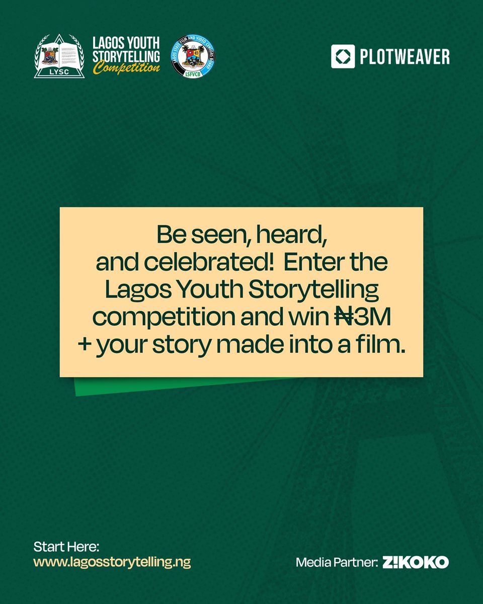 LagosTells_'s tweet photo. Tell Your Lagos Story & Change Your Life.
Win ₦3M + see your story on the big screen.

Enter the Lagos Youth Storytelling Competition today!

📌Open to all secondary school students in Lagos 
✍️ Write a short story titled ‘My Lagos’ (max 1,500 words) 
👉 Submit yours now: https://t.co/qYXlT4gCY9
🗓️Deadline: September 30, 2025