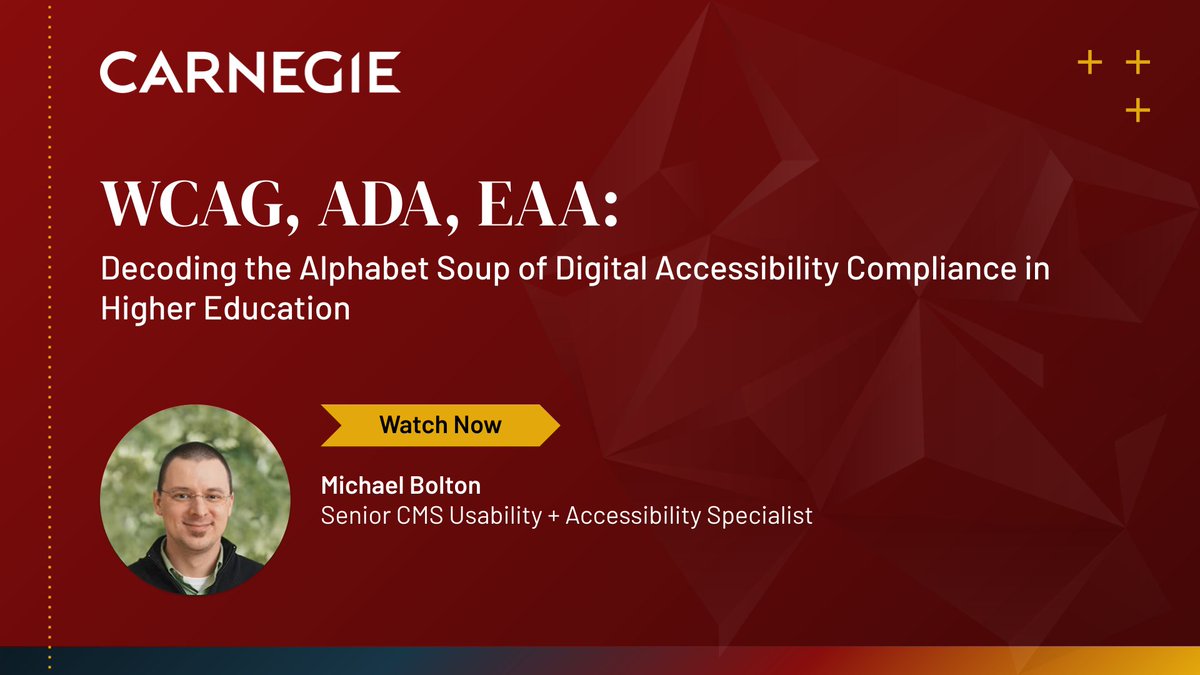 In this 17-minute webinar, we break down the acronyms and requirements for digital accessibility in higher ed. You'll learn: accessibility requirements of the ADA and the EAA  and solutions for your institution’s unique web needs. hubs.li/Q03Fjy0d0