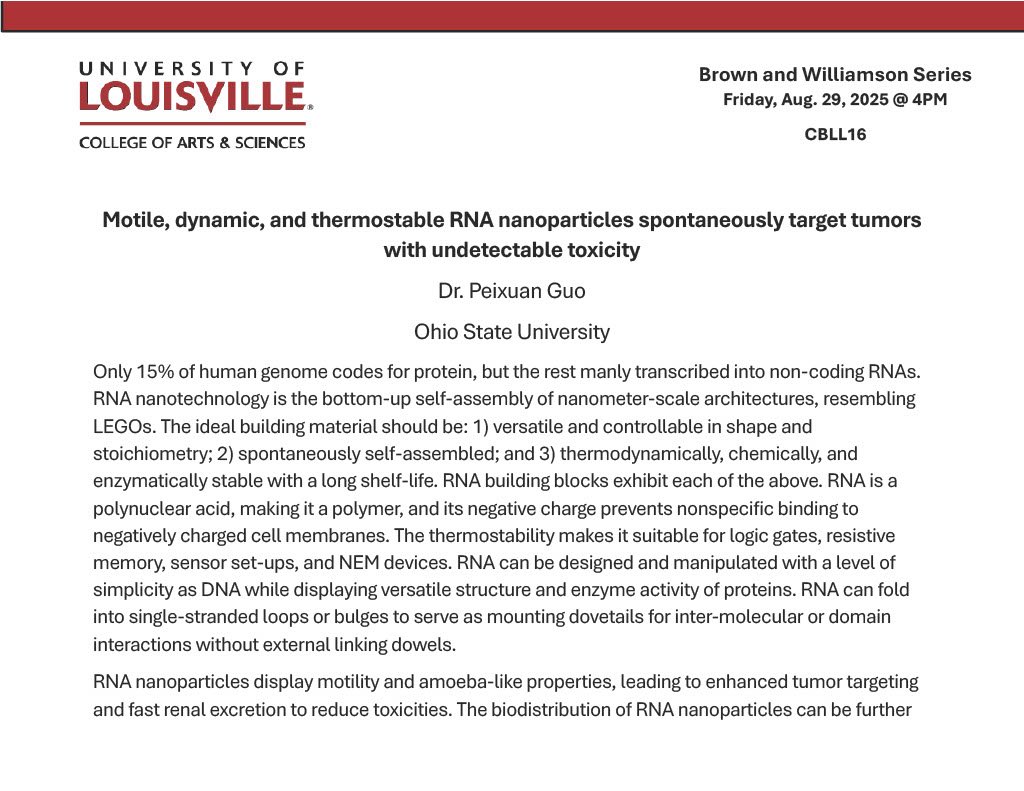 UofLChem's tweet photo. Come welcome today's Brown and Williamson Series speaker in the chemistry department. Dr. Peixuan Guo comes to us from @OhioState and will be discussing RNA nanoparticles and their use in targeting tumors. #CHEMISTRY #biology #RNA https://t.co/AoQrd64ssq