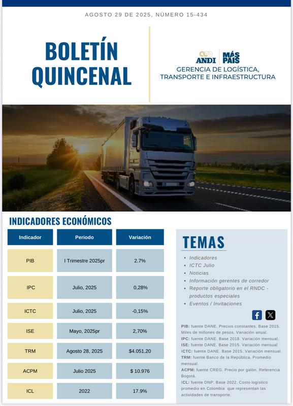 LogisticaAndi's tweet image. #Logisticos Compartimos boletín quincenal No. 15-434 de @logisticaandi Gerencia Logistica Transporte e Infraestructura de @ANDI_Colombia
- link de consulta en nuestra web  bit.ly/BoletinesLogis… en la pestaña / boletines #logistica #transporte #carga #Colombia #MásPaísANDI 🇨🇴