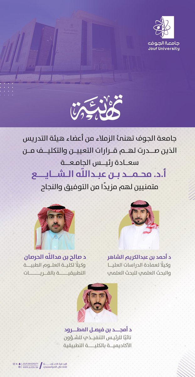 #تهنئة | 
#جامعة_الجوف تهنئ الزملاء من أعضاء هيئة التدريس الذين صدرت لهم قرارات التعيين والتكليف من سعادة رئيس الجامعة أ.د. محمد بن عبد الله الشايع، وتتمنى لهم مزيدًا من التوفيق والنجاح.