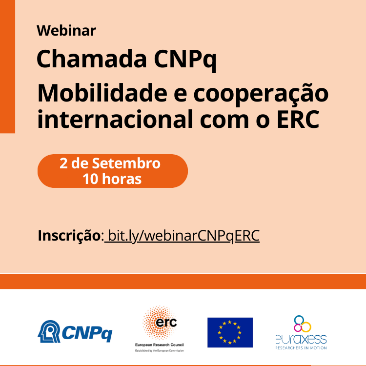Webinar sobre chamada CNPq para participar temporariamente de projetos financiados pelo <a href="/ERC_Research/">European Research Council (ERC)</a> em instituições de ponta na 🇪🇺:
 📅 2 de setembro às 10h (BRT)
 ℹ️ Detalhes: bit.ly/webinarCNPqERC.