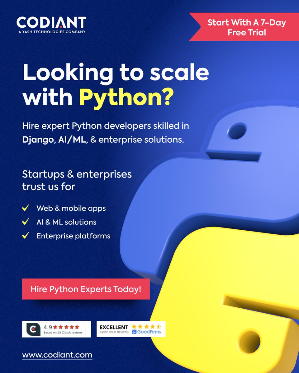 CODIANTSoftware's tweet image. The future is being coded in Python.

Codiant’s dedicated developers are helping businesses everywhere unlock AI innovation, build enterprise platforms, and scale faster than ever.

Hire a Python developer now - codiant.com/technologies/h…

#codiant #HirePythonDeveloper