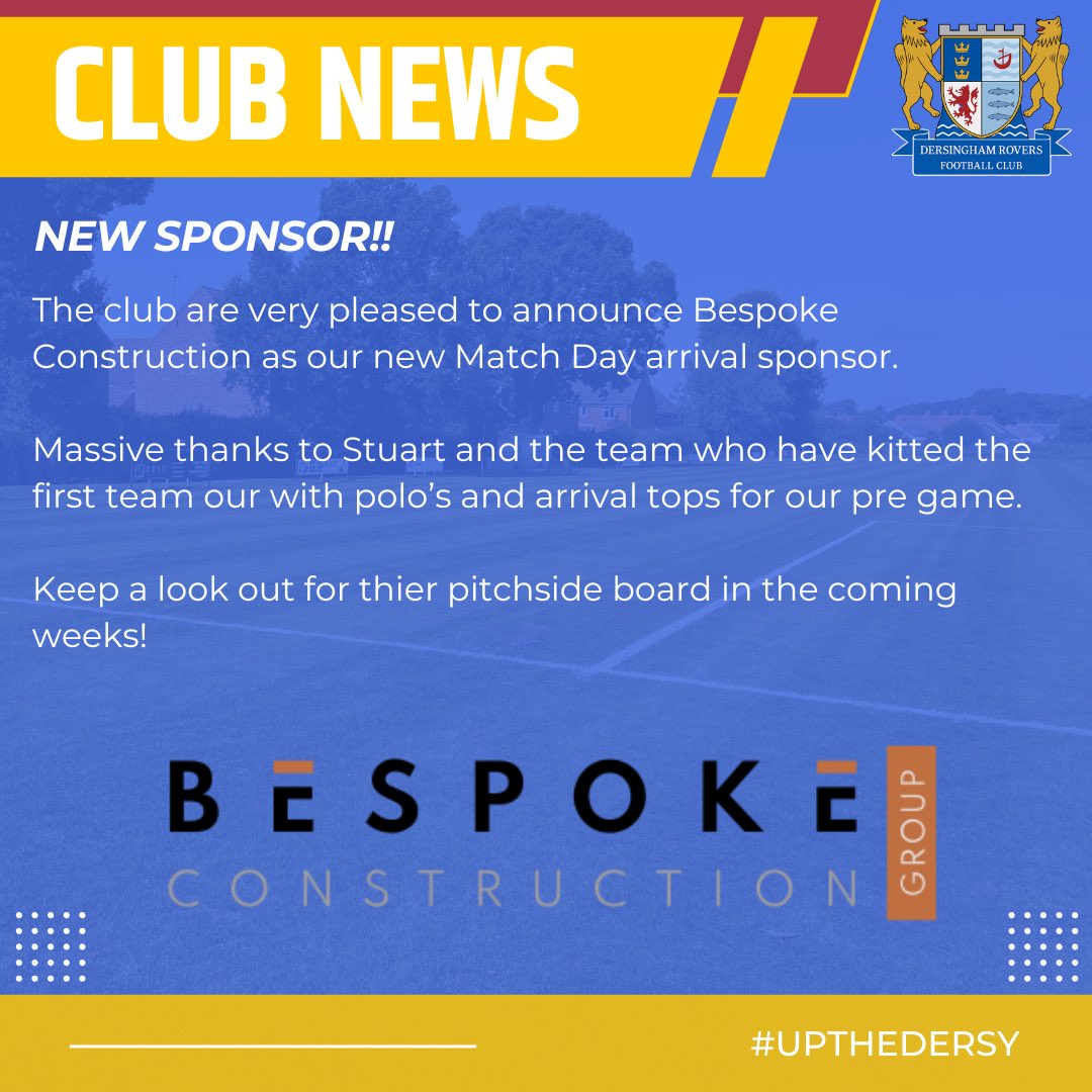 Friday Sponsorship News ‼️

Huge thanks to Stuart and the team at Bespoke Construction Group who have joined as the First Team match day arrival sponsor! 👏

The lads have been kitted out in arrival polos and jackets! Pitchside board and picture pending! ⏳

#UPTHEDERSY 💙💛🖤