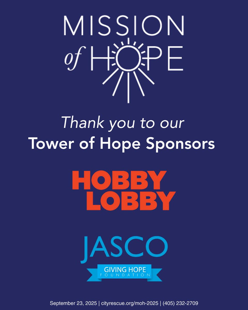 CityRescueMission (@okcityrescue) on Twitter photo Thank you to Mission of Hope Tower of Hope sponsors — <a href="/HobbyLobby/">Official Hobby Lobby</a> and <a href="/JascoProducts/">Jasco Products</a> Giving Hope Foundation 🎉
You help hope shine brighter for those in need! ✨
Mission of Hope is Tues, Sept 23, and it’s sure to be an unforgettable night!
cityrescue.org/moh-2025/ Thank you to Mission of Hope Tower of Hope sponsors — <a href="/HobbyLobby/">Official Hobby Lobby</a> and <a href="/JascoProducts/">Jasco Products</a> Giving Hope Foundation 🎉
You help hope shine brighter for those in need! ✨
Mission of Hope is Tues, Sept 23, and it’s sure to be an unforgettable night!
cityrescue.org/moh-2025/