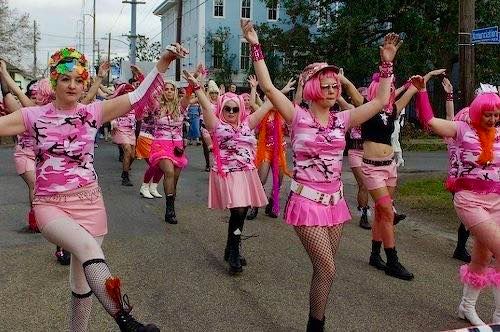 #MardiGras 2006 was more than a party; it was an act of cultural preservation &amp; a symbol of the city's determination to rebuild &amp; continue its traditions. The #Pussyfooters marched in pink camo to honor the #nationalguard. #20yearsKatrina #katrina #partywithapurpose