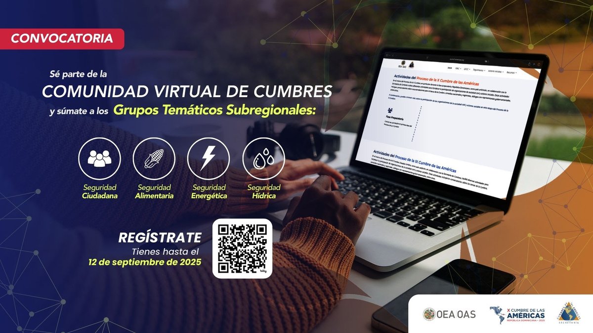SCAlianzaMAS's tweet photo. 📢 ¡Atención actores sociales! Participa en la Comunidad Virtual de #Cumbres y en los Grupos de Trabajo Subregionales rumbo a la #CumbreDeLasAméricas 2025 🇩🇴.
🗓️ Inscripciones abiertas hasta el 12 de septiembre. 👉 Registro: https://t.co/B09dynprgP
#ParticipaciónCiudadana https://t.co/sX5av5lfal