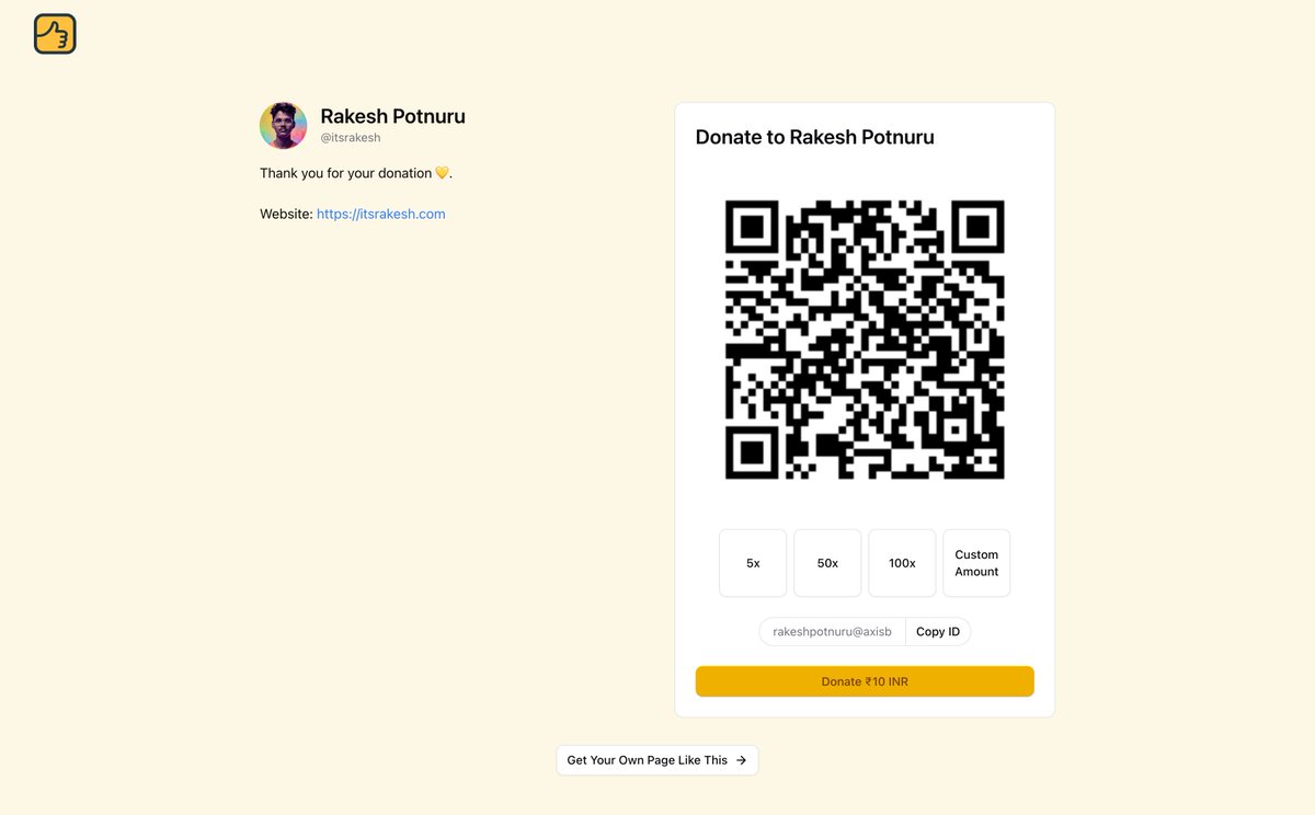 rakesh_at_tweet's tweet image. I built a Buy Me a Coffee alternative, but simpler with UPI

Support your favourite creators with UPI. Get a donation page with your UPI ID.

➡️ No bank account linking
➡️ No fees

Please share your feedback: withupi.com