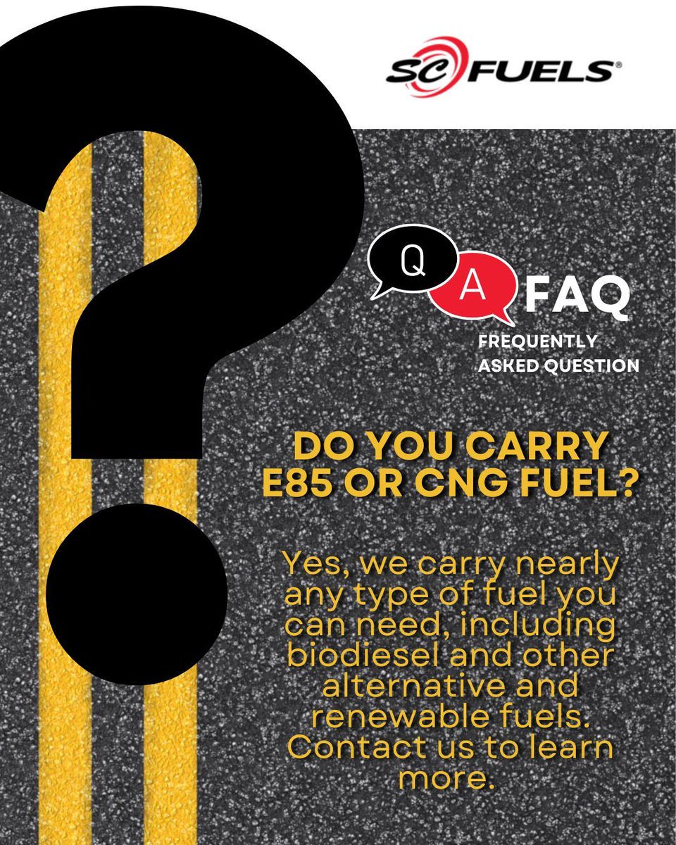 Happy FAQ Friday! 📍 You might be wondering, do we carry E85 or CNG Fuel? ⛽

We do! We carry nearly any type of fuel you can need, including biodiesel and other alternative and renewable fuels.

Contact our team to learn more! 

#scfuels #fuelingbusiness #dieselfuel #gasoline