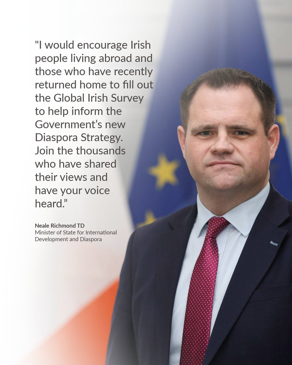 Last call to have your say on the new Diaspora Strategy.

The Global Irish Survey closes on 31 August. If you are Irish living abroad or recently returned home, take a few  minutes over the weekend to share your thoughts.

Click here: ireland.ie/en/irish-diasp…