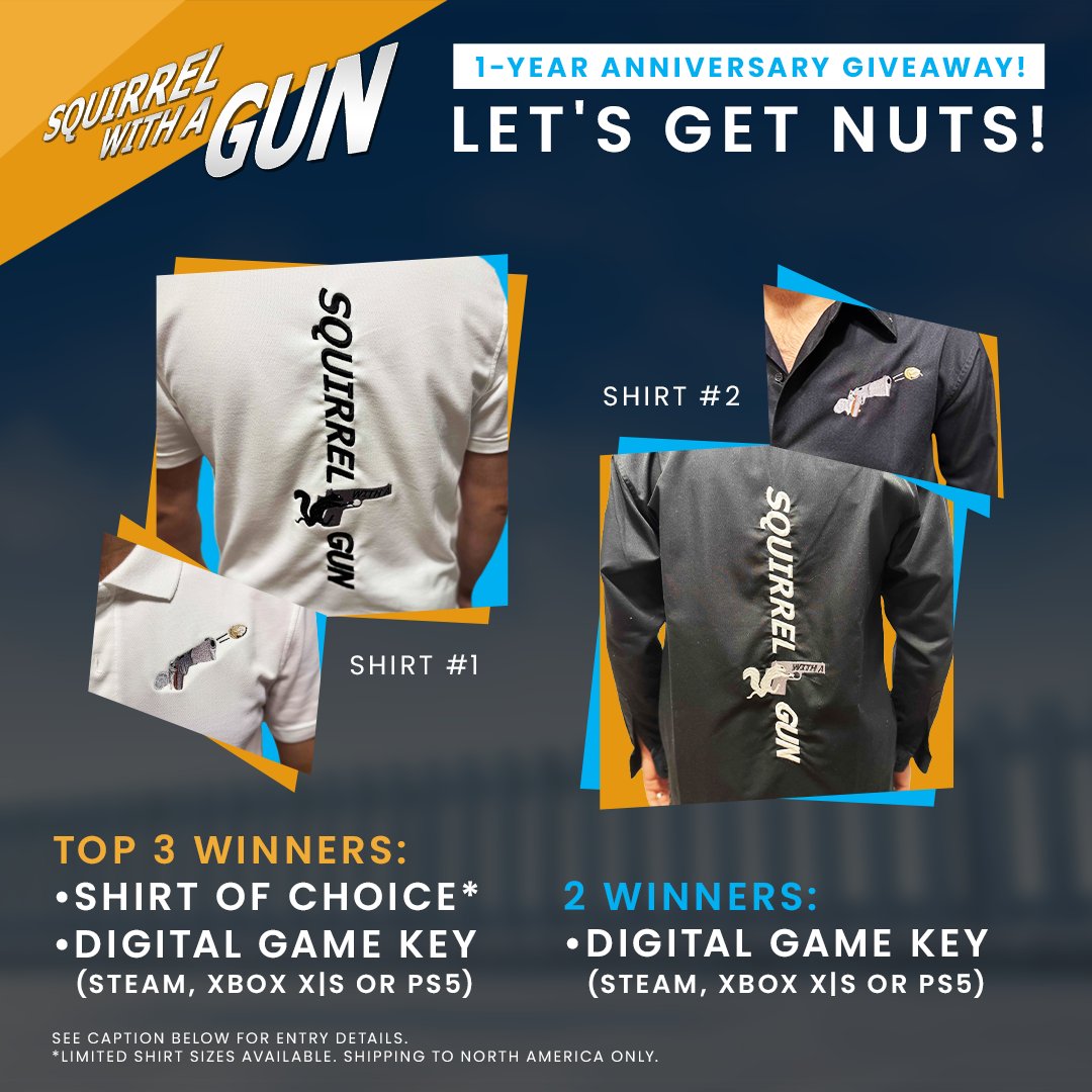 QuiteDan's tweet image. It's our 1-Year Anniversary, and we're doing a GIVEAWAY 🎉🔫🐿️

Entry Requirements:
🔁 RETWEET &amp;amp; LIKE this post
🏷️  @ a friend!

Raffle Winners:
👕 3 get a game key &amp;amp; a T-shirt
🎮 2 get a game key

Ends 9/8!

Important: North America shipping ONLY &amp;amp; T-shirt sizes are limited!