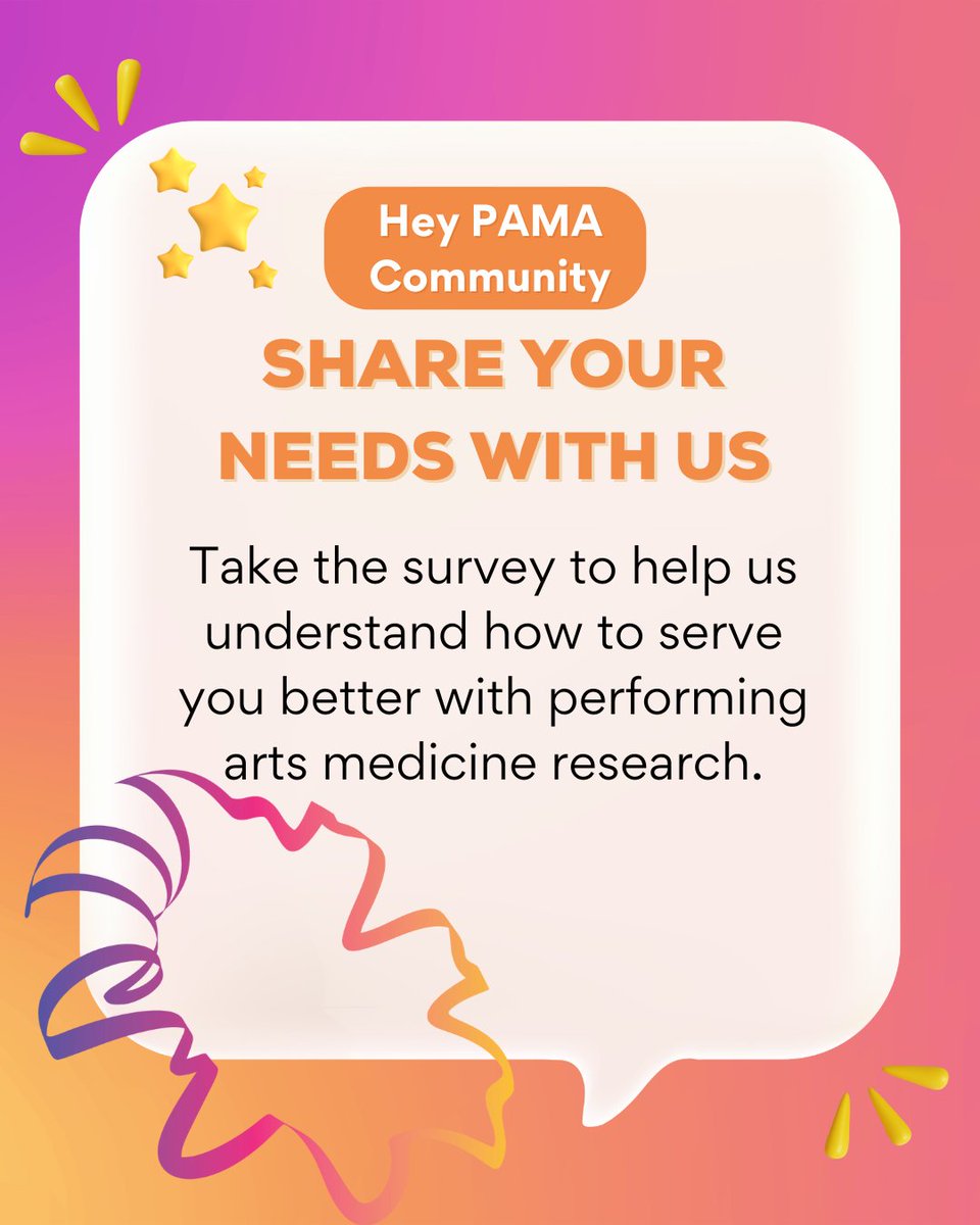 Participation Call Out!!! The Knowledge Translation (KT) Subcommittee wants to better understand how to support our community in accessing and applying research in performing arts medicine. 

It only takes 5mins and you can take the survey here: vist.ly/44z3v