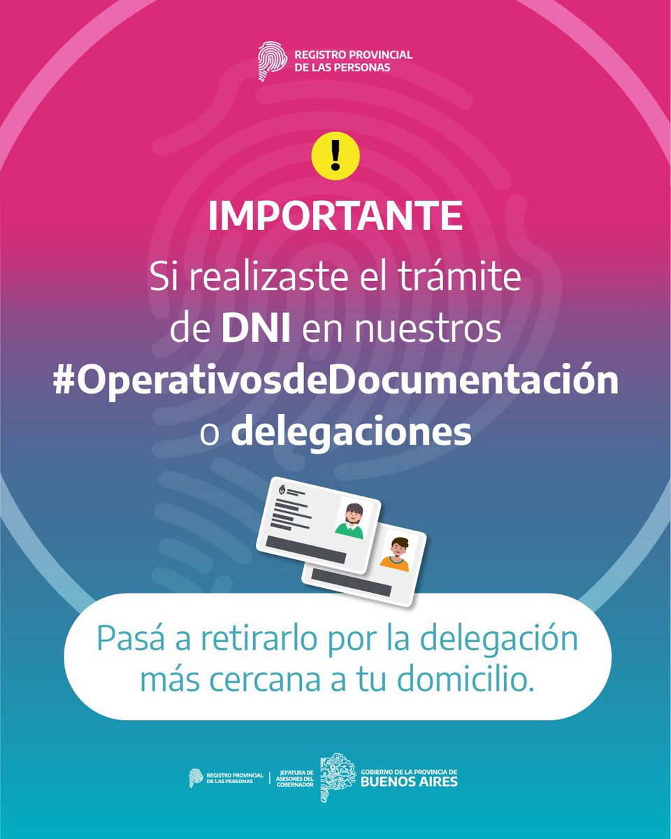 ‼️Si tramitaste tu DNI, pasá a retirarlo en nuestras delegaciones.

👉 Recordá: para votar necesitás el DNI físico, no la constancia en trámite.