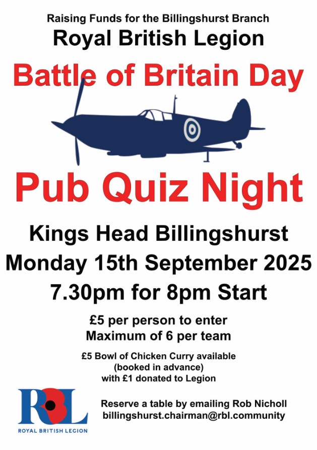 Billingshurst PC (@billingshurstpc) on Twitter photo Monday 15th September, Battle of Britain Day Pub Quiz Night raising Funds for the Billingshurst Branch of the Royal British Legion. 7.30pm for 8pm Start at <a href="/kingsheadbhurst/">Kings Head</a> More info on poster below, reserve a table by emailing Rob Nicholl billingshurst.chairman@rbl.community Monday 15th September, Battle of Britain Day Pub Quiz Night raising Funds for the Billingshurst Branch of the Royal British Legion. 7.30pm for 8pm Start at <a href="/kingsheadbhurst/">Kings Head</a> More info on poster below, reserve a table by emailing Rob Nicholl billingshurst.chairman@rbl.community