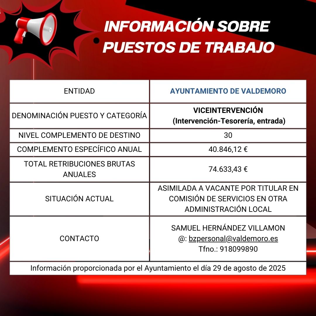 INFORMACIÓN SOBRE PUESTOS DE TRABAJO: AYUNTAMIENTO DE VALDEMORO
