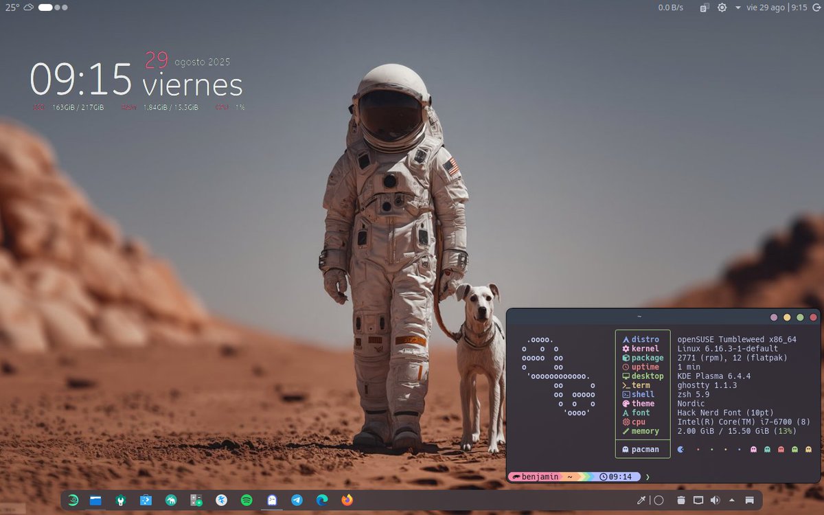 BENJAMlN8a's tweet image. Dejando mi #ViernesDeEscritorio el último de este mes de agosto. Esta vez con openSUSE #Tumbleweed y KDE Plasma 🦎
#GNULinux #Linux #openSUSE #OpenSource 🐧