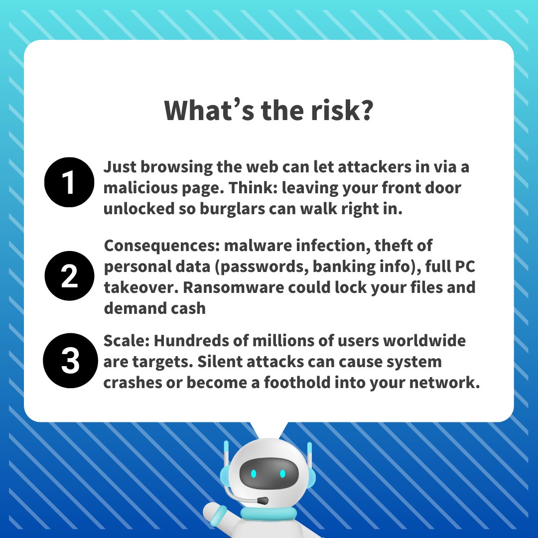bitgrit_global's tweet photo. The vulnerability recently discovered in Chrome! I thought it would be super dangerous if I don't understand it properly 😱, so I summarized the explanation and countermeasures. Check the images below for details ↓
 #ChromeVulnerability #CyberSecurity https://t.co/hyD1Z5tA1x