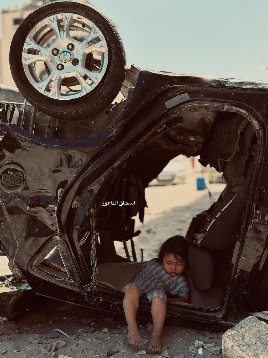 وجع يختصر حال أطفال غزة! 
من لهيب الحر وضيق الخيمة إلى بواقي سيارة مدمرة تهرب الطفلة للبحث عن مأوى.